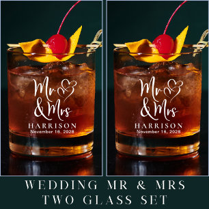 Mr Mrs Hearts Wedding Whiskey Glass