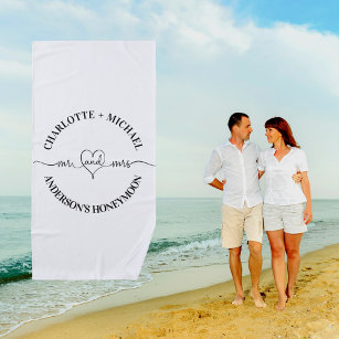 Mr mrs honeymoon black white newlyweds beach towel