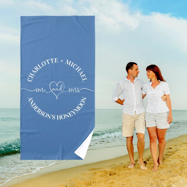 Mr mrs honeymoon dusty blue white newlyweds beach towel (Creator Uploaded)