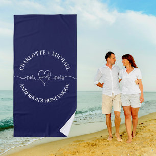 Mr mrs honeymoon navy blue white newlyweds beach towel