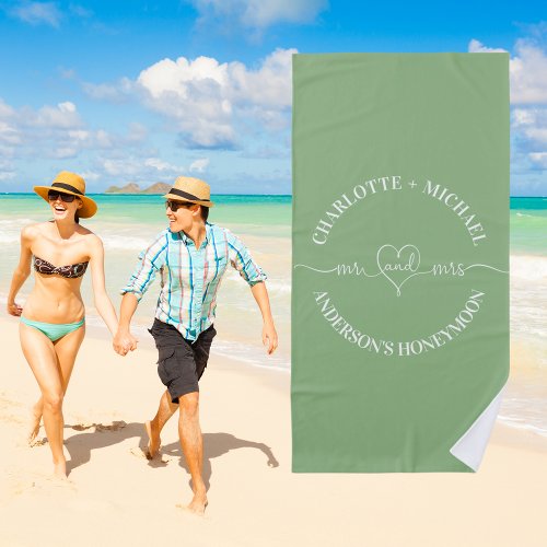 Mr mrs honeymoon sage green white newlyweds beach towel