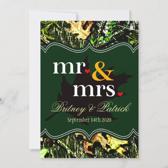 Mr & Mrs Hunting Camo Green Wedding Invitations (Front)