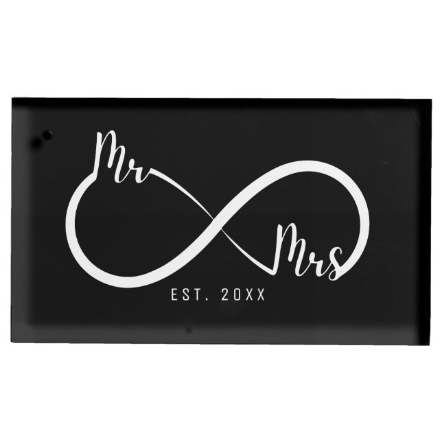 Mr & Mrs Infinity Symbol Black Wedding Place Card Holder (Front)