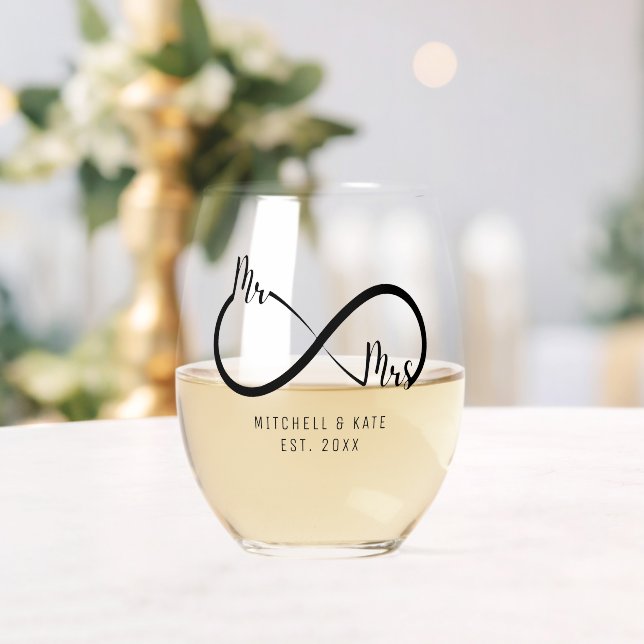Mr & Mrs Infinity Symbol Wedding Stemless Wine Glass | Zazzle