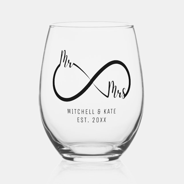 Mr & Mrs Infinity Symbol Wedding Stemless Wine Glass | Zazzle
