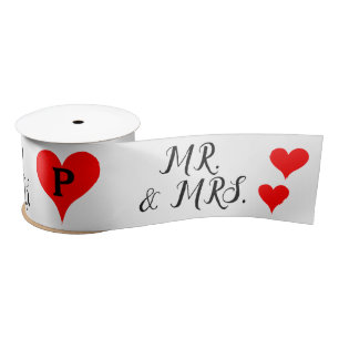 Mr. Mrs. Initials Red Hearts  Satin Ribbon
