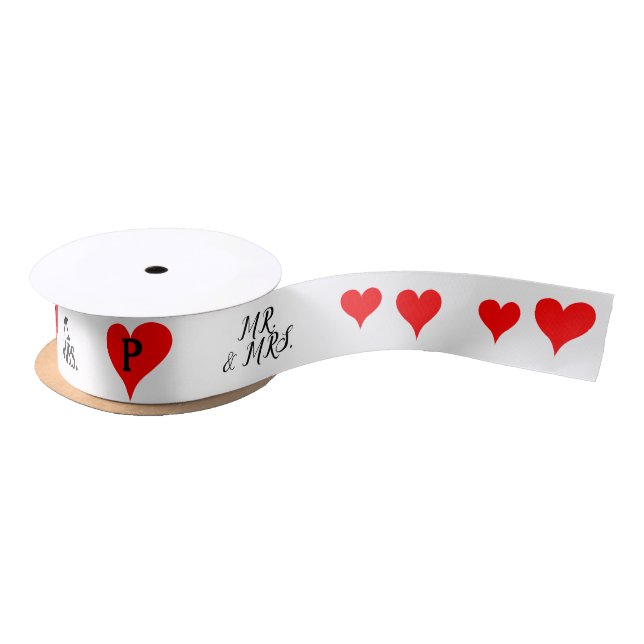 Mr. Mrs. Initials Red Hearts Satin Ribbon (Spool)