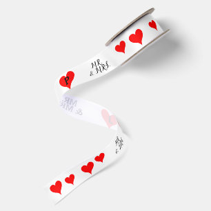 Mr. Mrs. Initials Red Hearts Satin Ribbon