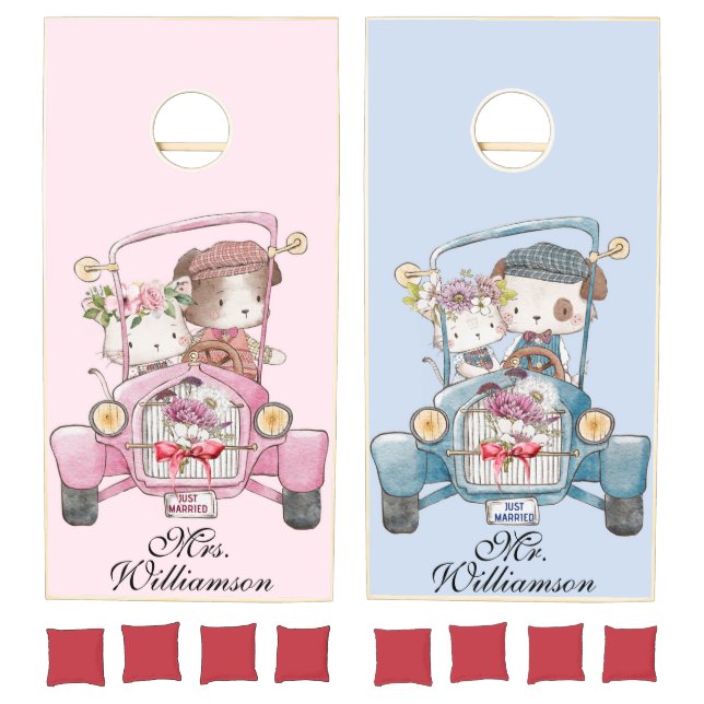 Mr & Mrs Just Married Cute Pink Blue Car Newlyweds Cornhole Set (Set)