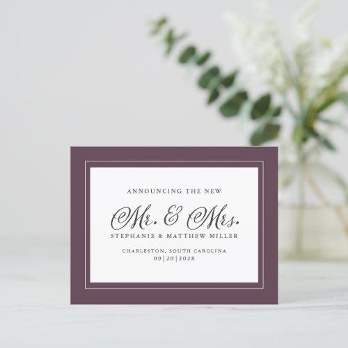 Mr  Mrs Just Married Elopement Purple Elegant Invitation Postcard