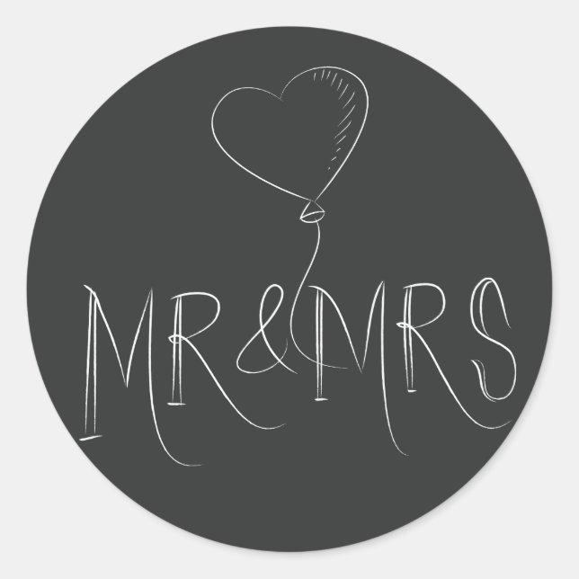 Mr & Mrs Just Married Gray Black Heart Love Sticke Classic Round Sticker (Front)