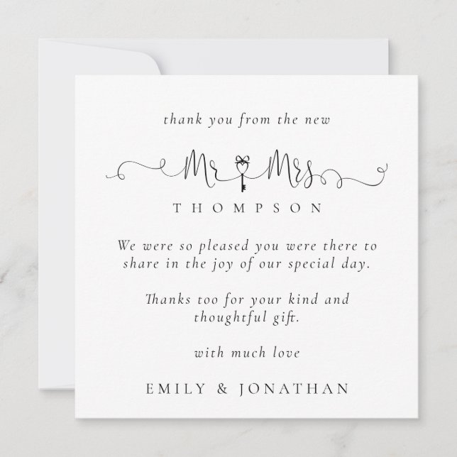 Mr Mrs Key Motif Script Wedding Thank You Note Card (Front)