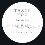 Mr Mrs Key Symbol Script Wedding Thank You  Classic Round Sticker<br><div class="desc">Mr Mrs Key Symbol Script Wedding Thank You  A whimsical set script for Mr and Mrs with romantic key symbol linking it together and the rest of the text you can easily personalise. You can also change text and background colors if you wish via the Customize Further option.</div>