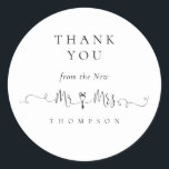 Mr Mrs Key Symbol Script Wedding Thank You  Classic Round Sticker<br><div class="desc">Mr Mrs Key Symbol Script Wedding Thank You  A whimsical set script for Mr and Mrs with romantic key symbol linking it together and the rest of the text you can easily personalise. You can also change text and background colors if you wish via the Customize Further option.</div>
