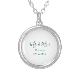 Mr & Mrs last name married year wedding engagement Silver Plated Necklace
