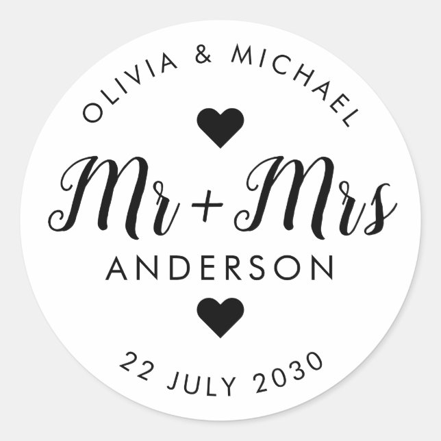 Mr Mrs Last Name Script Wedding Party Favor Classic Round Sticker (Front)