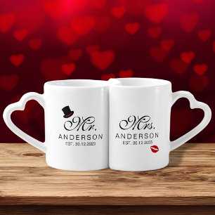 Mr. & Mrs. Lips & Hat Custom Couples Black Red Coffee Mug Set