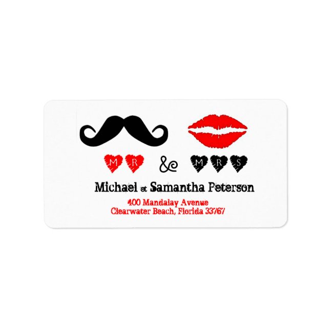Mr. & Mrs. Lips & Mustache Wedding Address Label (Front)