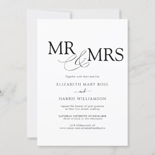 MR  MRS Live Stream Modern Black White Wedding Invitation