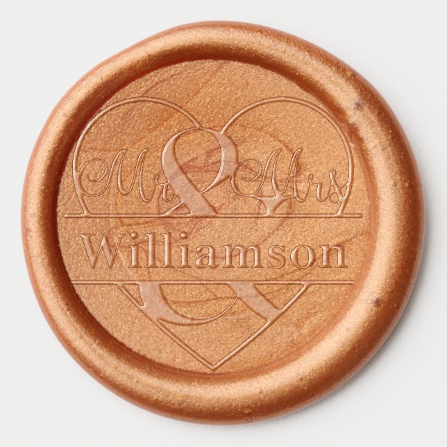 Mr & Mrs Love Heart Wedding Logo Surname Monogram Wax Seal Sticker (Front)