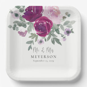 Mr & Mrs Magenta Blush Floral Ivory Wedding Paper Plates