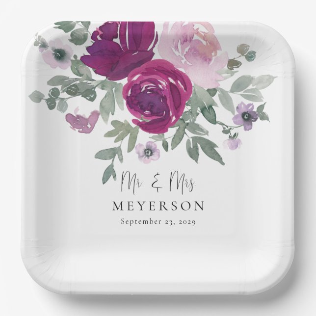 Mr & Mrs Magenta Blush Floral White Wedding Paper Plates (Front)