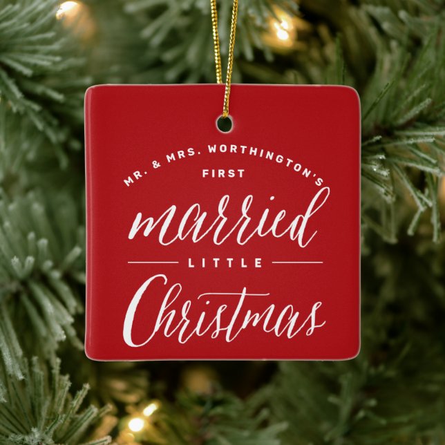 Mr & Mrs Married Little Christmas Holiday Wedding Ceramic Ornament (Tree)