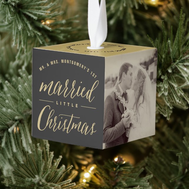 Mr. & Mrs. Married Little Christmas Wedding Photo Cube Ornament (Tree)