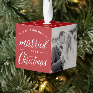Mr. & Mrs. Married Little Christmas Wedding Photo Cube Ornament