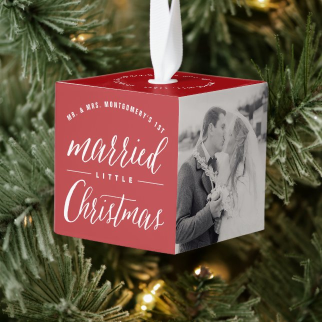 Mr. & Mrs. Married Little Christmas Wedding Photo Cube Ornament (Tree)