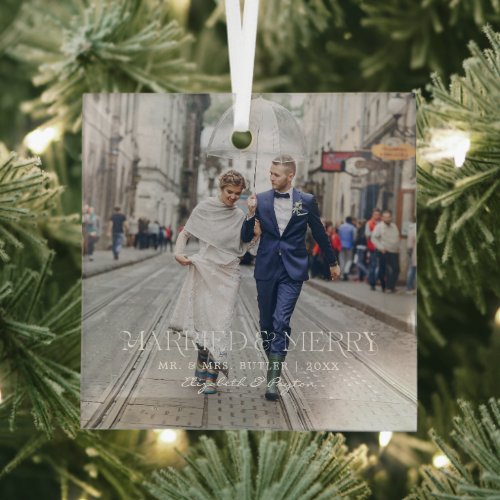 Mr  Mrs  Married  Merry First Christmas Photo Glass Ornament