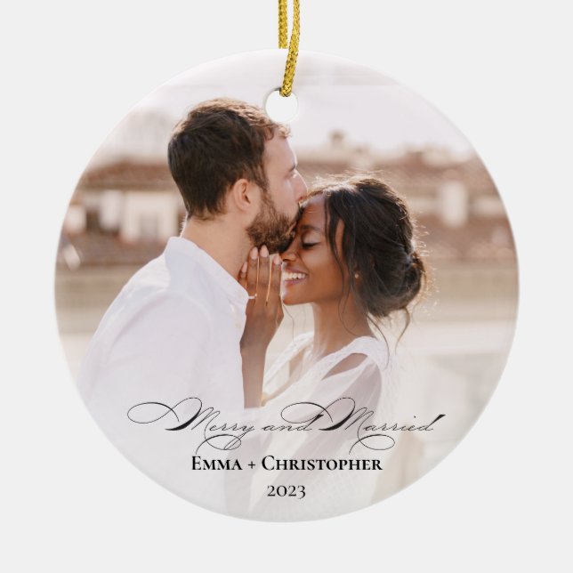 Mr. Mrs. Married Merry Photo 1st Christmas Elegant Ceramic Ornament (Front)