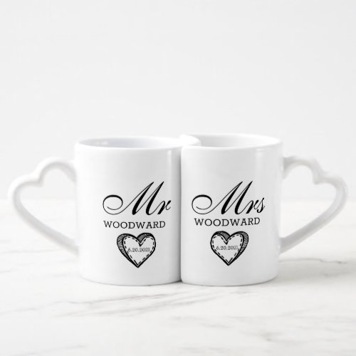 Mr Mrs Married Name Script Hearts Wedding Coffee Mug Set