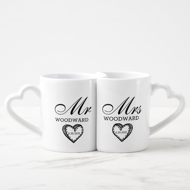 Mr Mrs Married Name Script Hearts Wedding Coffee Mug Set (Front Nesting)