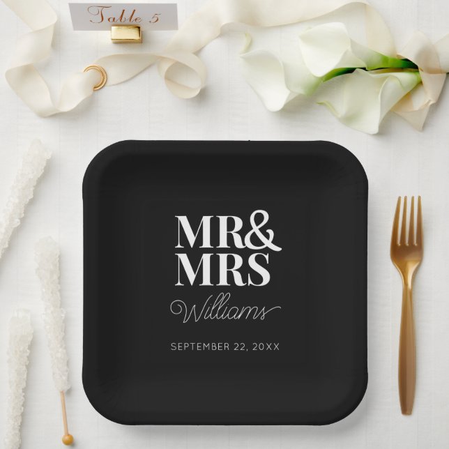 Mr & Mrs Minimal Simple Modern Disposable Paper Plates (Wedding)