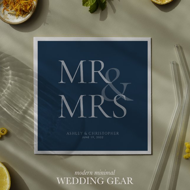 MR&MRS Minimal Typographic Navy Blue Cocktail Napkins (Creator Uploaded)