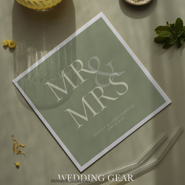 MR&MRS Minimal Typographic Sage Green Cocktail Napkins (Creator Uploaded)