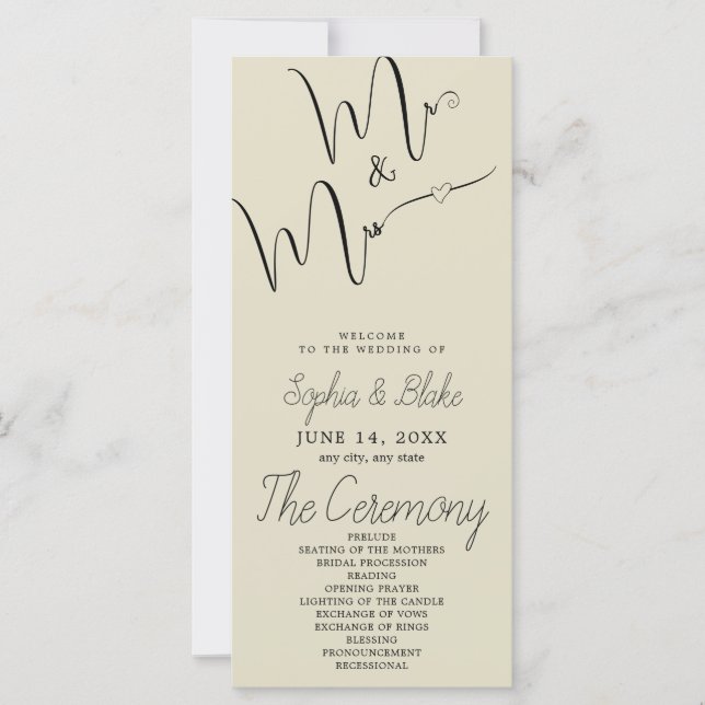 Mr & Mrs Minimalist Bamboo Brown Wedding Program (Front)