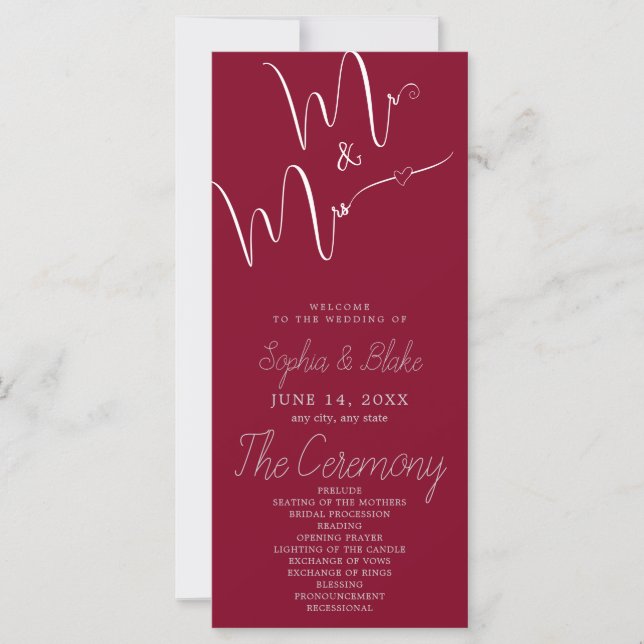 Mr & Mrs Minimalist Burgundy Wedding Program (Front)