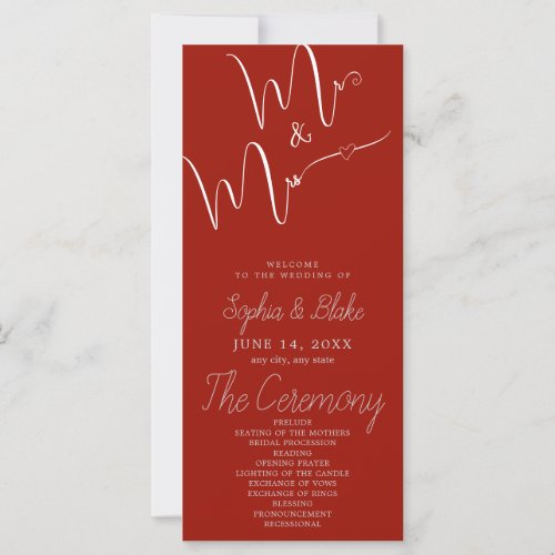 Mr & Mrs Minimalist Cherry Red Wedding Program