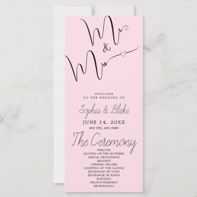 Mr & Mrs Minimalist Soft Pink Wedding Program (Front)