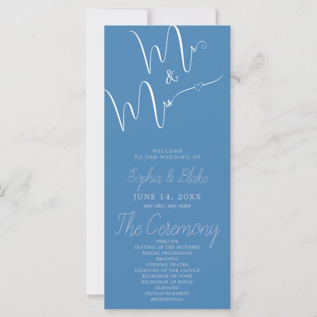 Mr & Mrs Minimalist Steel Blue Wedding Program (Front)