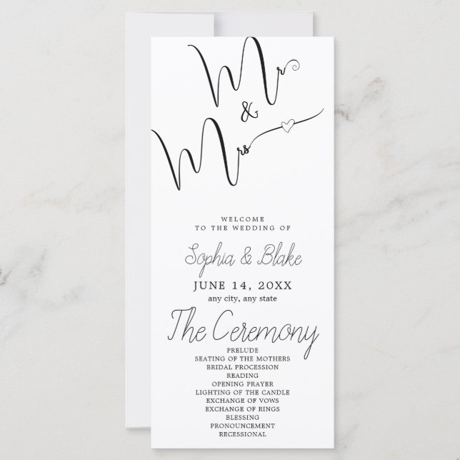 Mr & Mrs Minimalist White Wedding Program (Front)