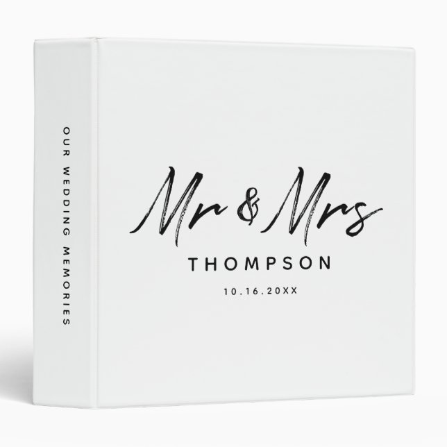 Mr. & Mrs. Modern Black White Script Wedding Album 3 Ring Binder (Front/Spine)