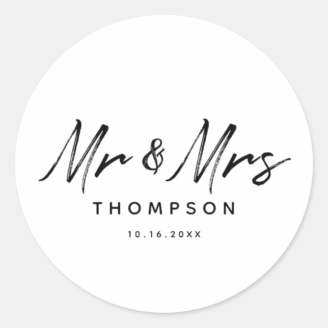 Mr. & Mrs. Modern Black White Script  Wedding Classic Round Sticker (Front)