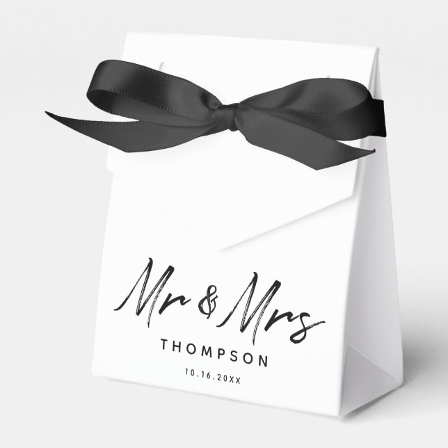 Mr. & Mrs. Modern Black White Script  Wedding Favor Boxes (Front Side)