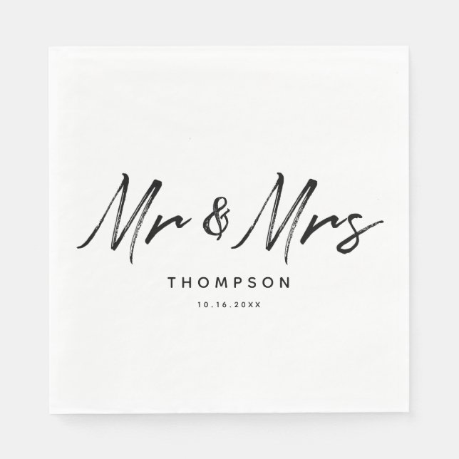 Mr. & Mrs. Modern Black White Script  Wedding Napkins (Front)