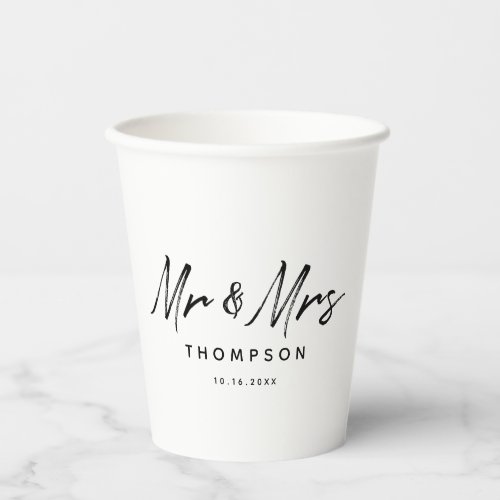 Mr  Mrs Modern Black White Script  Wedding  Paper Cups