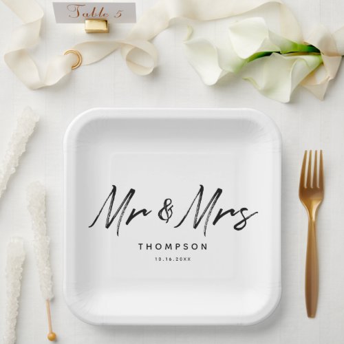 Mr  Mrs Modern Black White Script  Wedding  Paper Plates