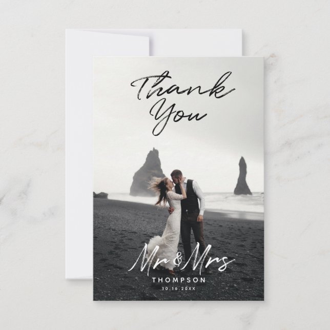 Mr. Mrs. Modern Black White Script  Wedding Photo Thank You Card (Front)